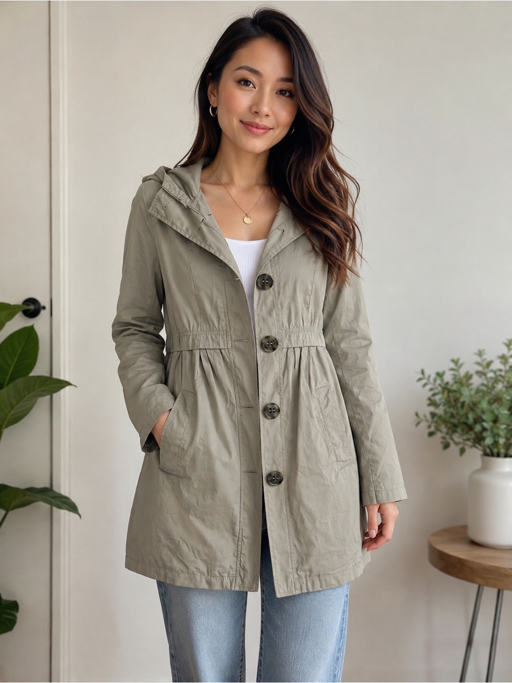 Divided Olive Green Hooded Button Jacket